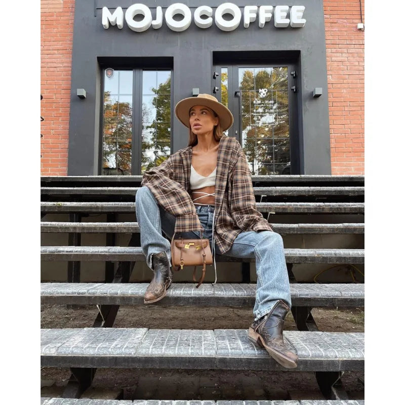 Vintage Plaid Oversized Loose Long Sleeve Blouse Casual Khaki Shirt for Women