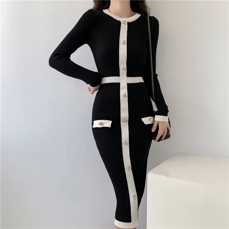 Black Knitted Midi Sweater Dress For Women Long Sleeve