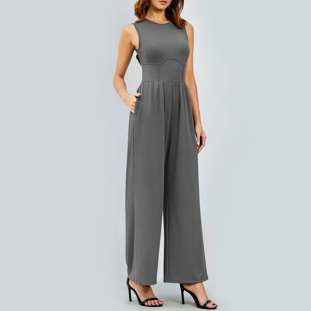 Women Sleeveless High Neck Ribbed Tank Top Jumpsuit Wide Leg Pants Romper with Tummy Control and High Waist Casual Summer Outfit
