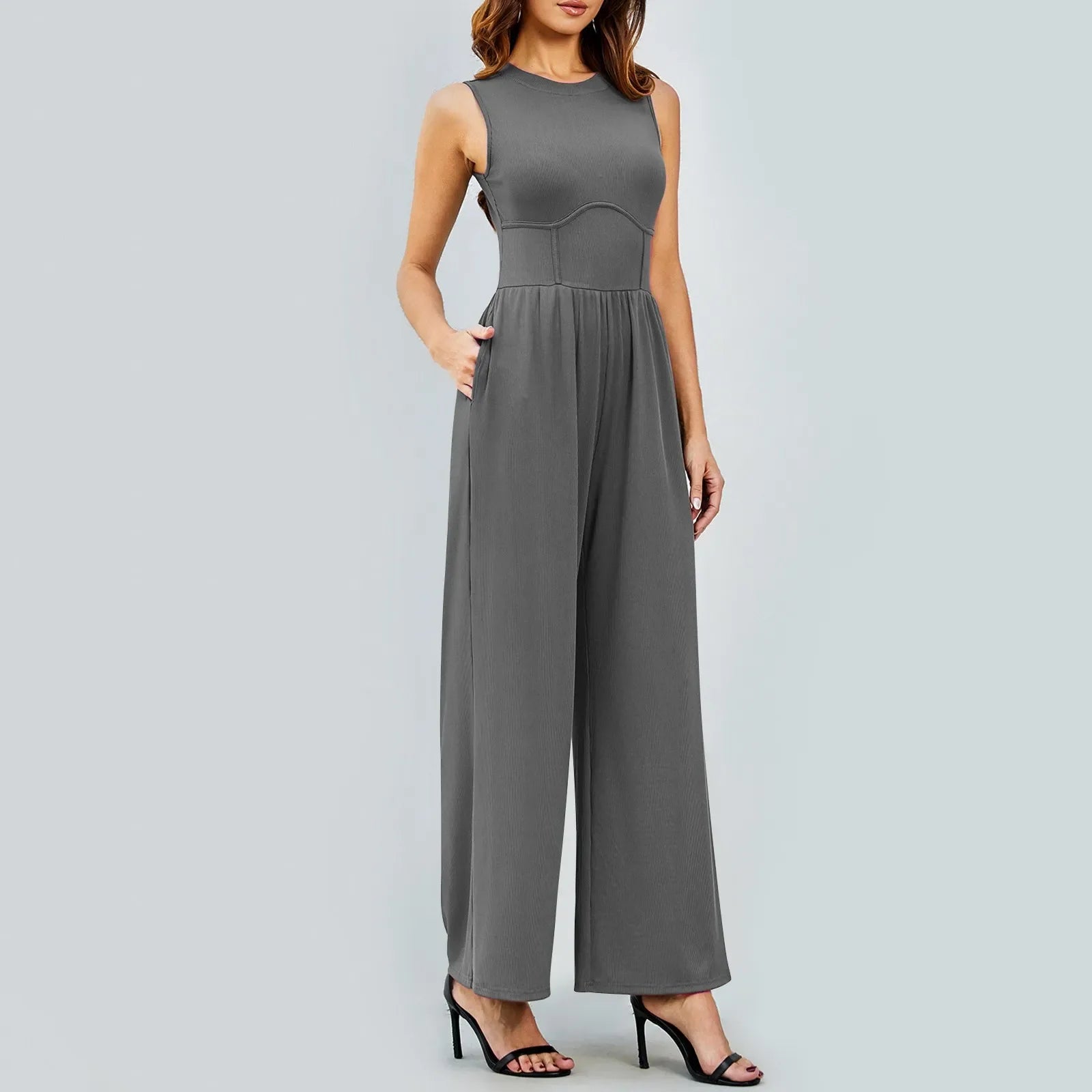 Women Sleeveless High Neck Ribbed Tank Top Jumpsuit Wide Leg Pants Romper with Tummy Control and High Waist Casual Summer Outfit