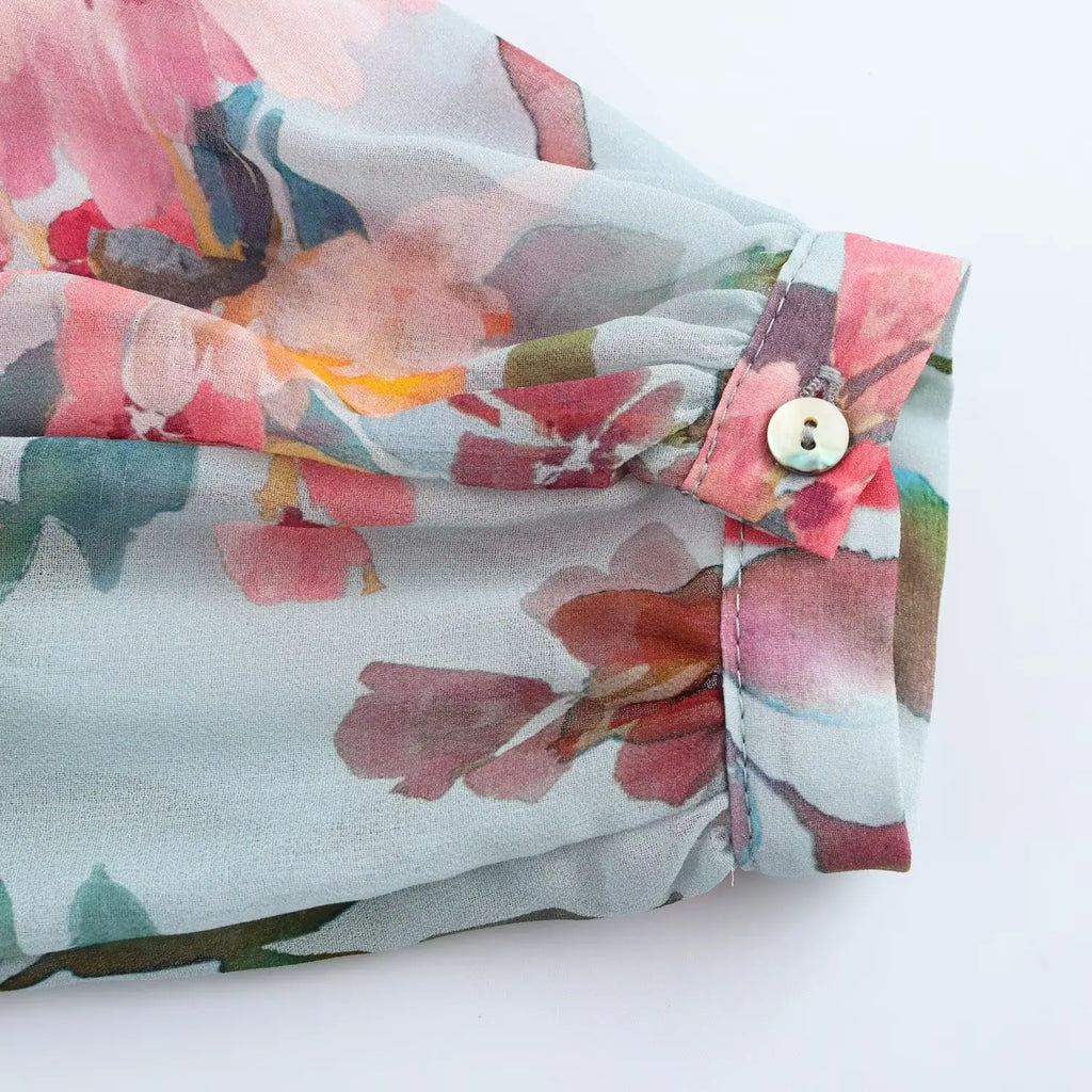 Women's Floral Print Chiffon Blouse with Bow Tie Detail Loose Fit Fashion Shirt