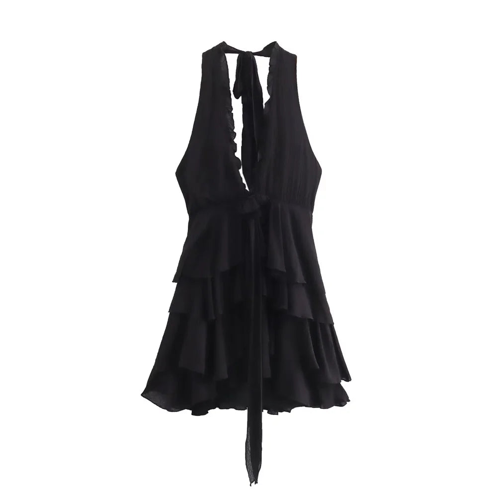 Backless Summer Dress Black Floral Layered V Neckline