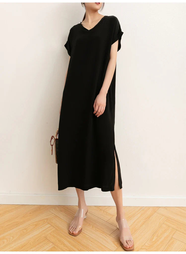 Mulberry Silk 19 Momme Midi Dress With V Neck And Slit