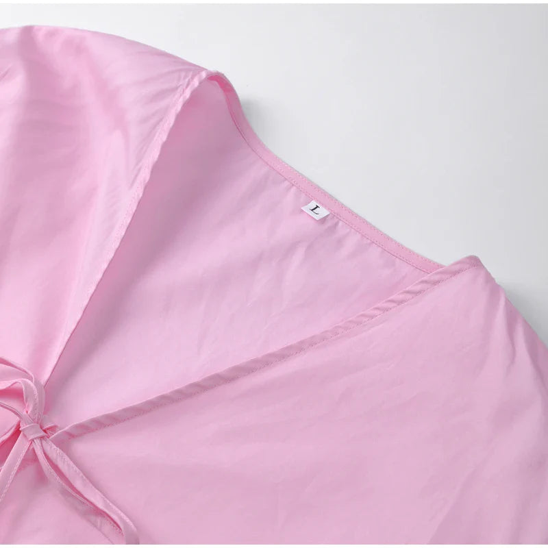 Elegant Solid Lace-Up V-Neck Blouse for Women with Lantern Sleeves and Hollow Out Detail Loose Fit Chic Female Shirt