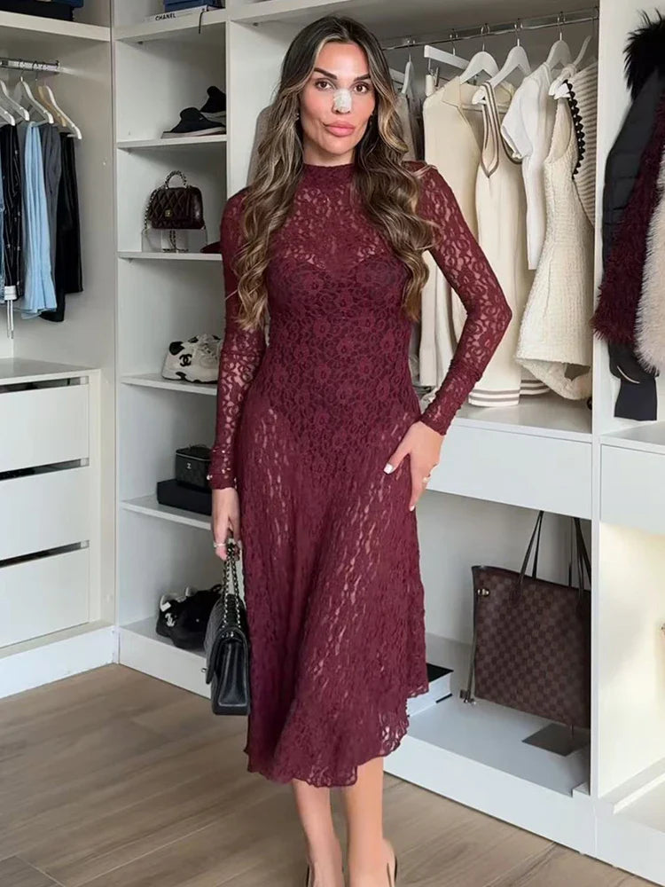 Lace Midi Dress Solid Hollow Out Asymmetric Long Sleeve