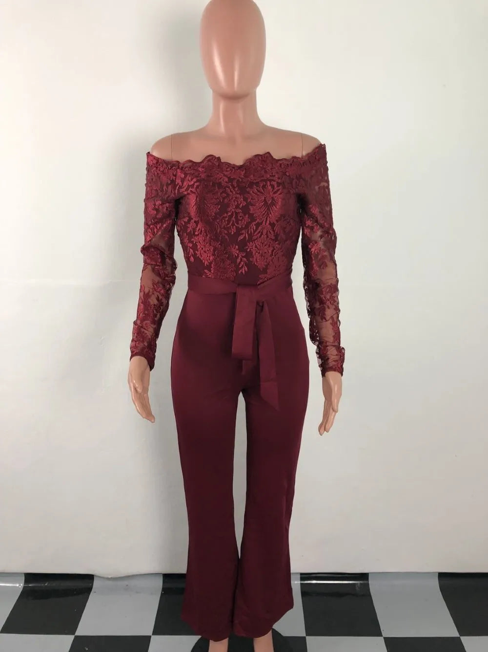 Appliques Lace Patchwork Off Shoulder Jumpsuit for Women with Slash Neck Long Sleeve and Elegant Wide Leg Pants Party Overalls