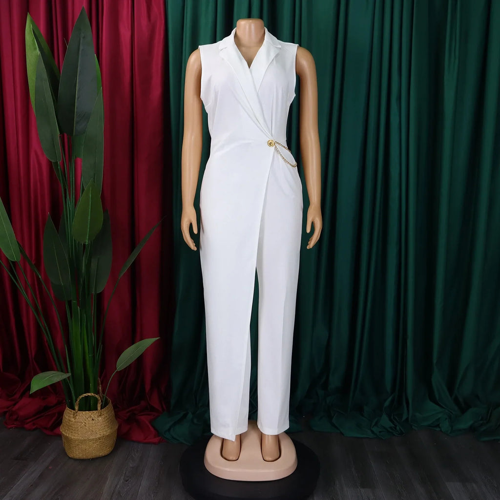 Elegant Sleeveless Jumpsuit with Turn Down Collar High Waisted V Neck Straight Leg Romper for Women Birthday Party Overalls