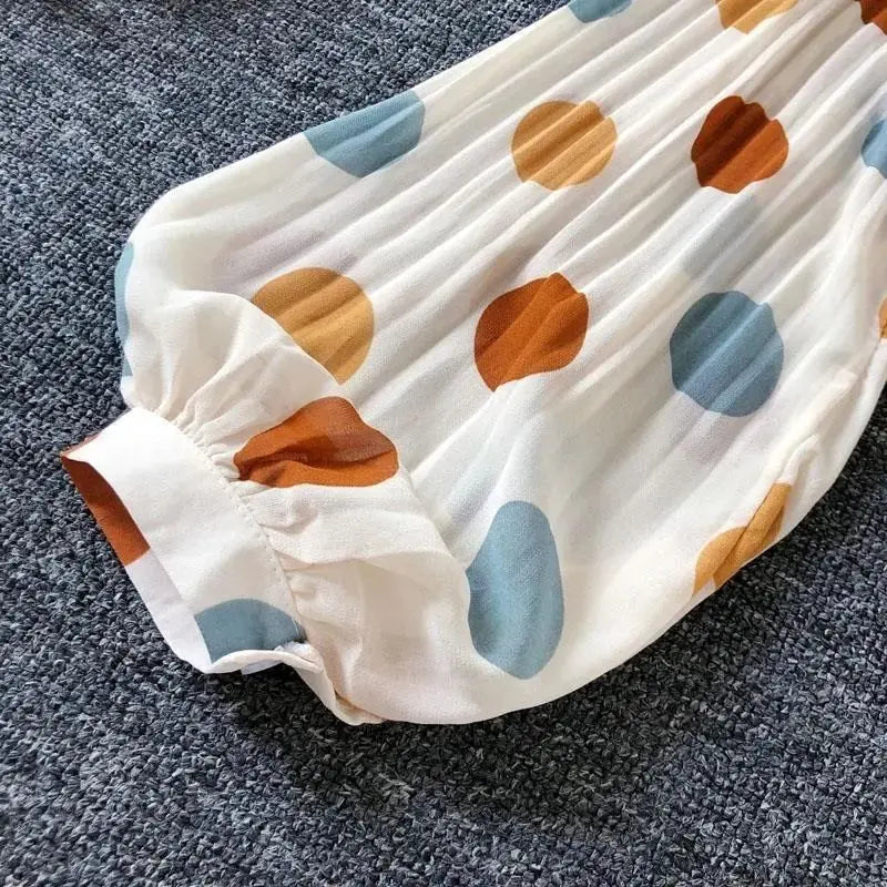 Polka Dot Casual V-Neck Chiffon Blouse with Single Breasted Button and Lantern Sleeve Folds Lightweight Women's Top