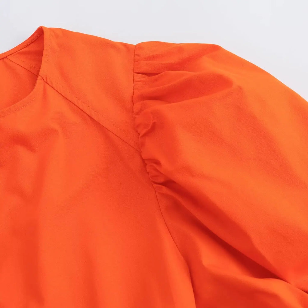 Orange Puff Sleeve Mini Dress With Bow Belt For Women