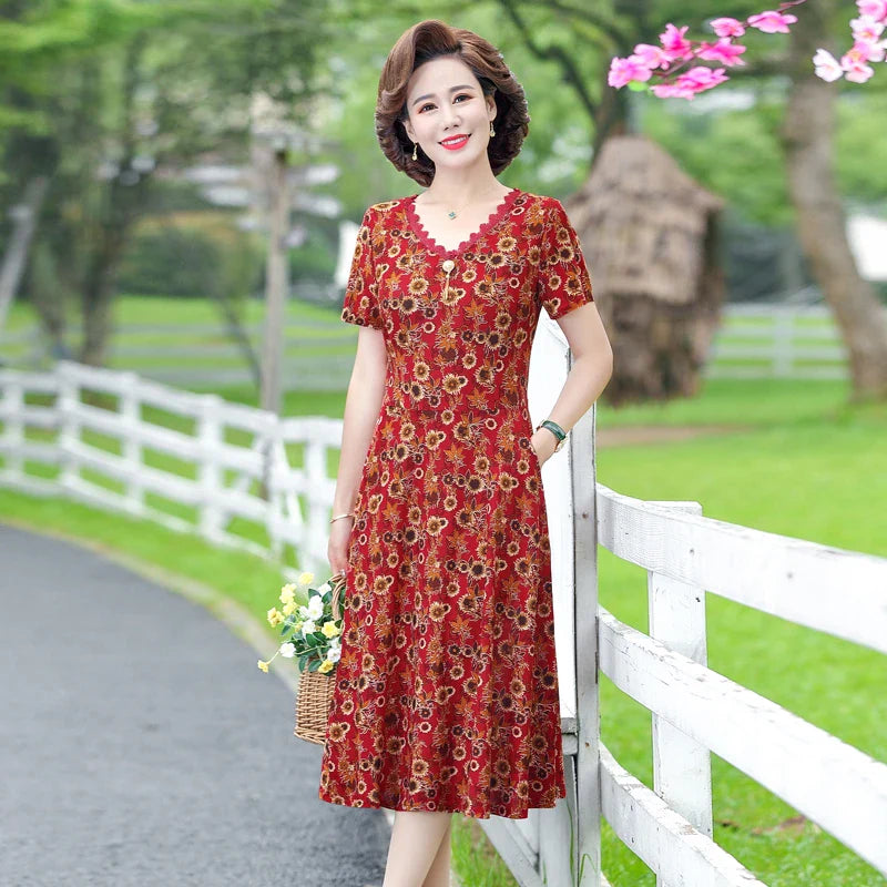 Bohemian Summer Dress With V Neck Print Vintage Midi