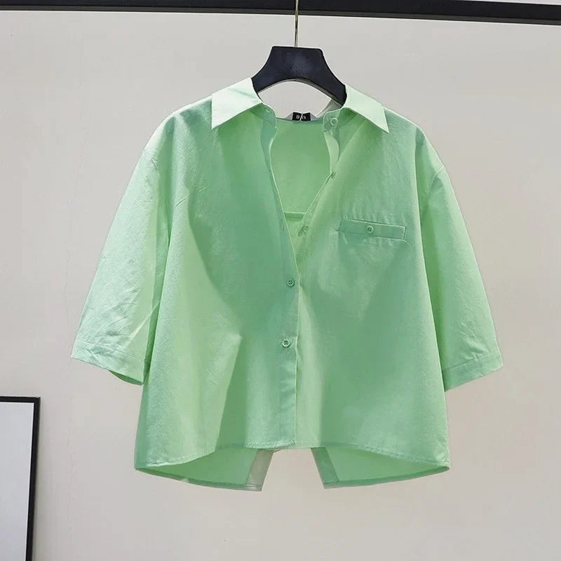 Chic White Back Split Blouse for Women Casual Short Sleeve Preppy Basic Office Shirt