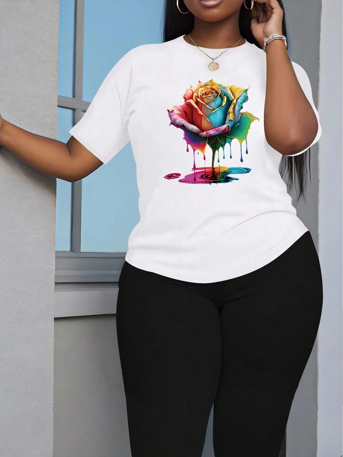 Colorful Floral Print Women Two Piece Set with Short Sleeve T-Shirt and Comfortable Elastic Capri Leggings