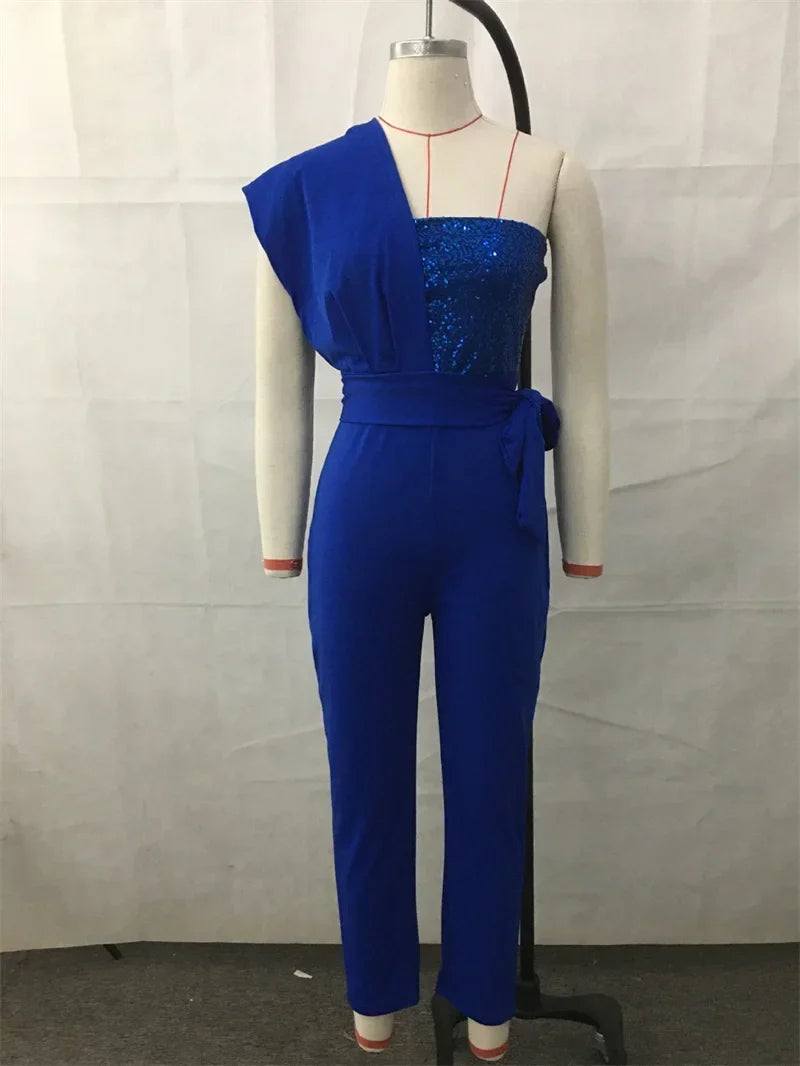 Women's One Shoulder Backless Sequined Jumpsuit Slim Fit Stretch Lace-Up High Waist Romper with Back Zipper