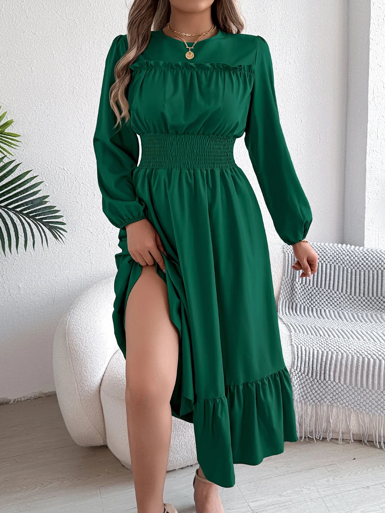 Elegant Long Sleeve Dress With Cinched Waist Solid Color