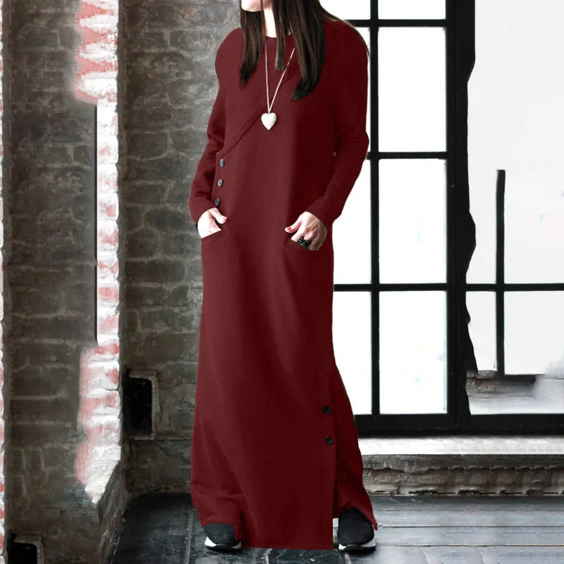 Women Winter Warm Maxi Dress With Fleece Lining Long Sleeve