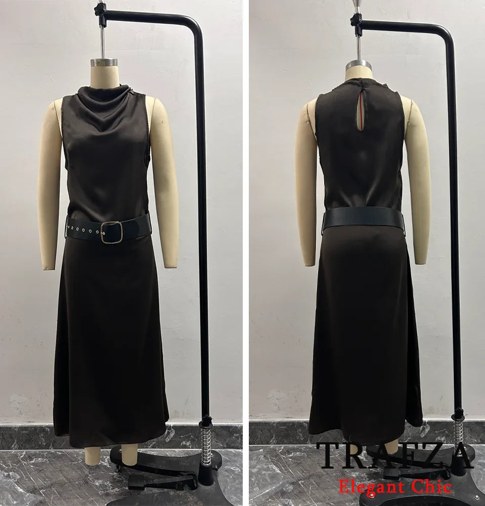 Elegant Satin Belt Midi Dress For Women Vintage Brown