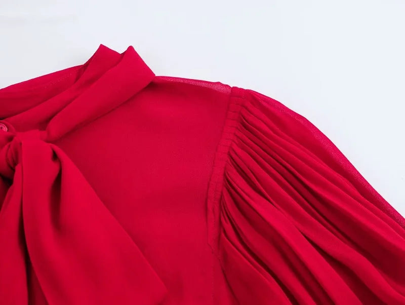 Red Bow Pleated Semi Sheer Womens Blouse Chic Button Up Shirt Elegant Spring Top for Women