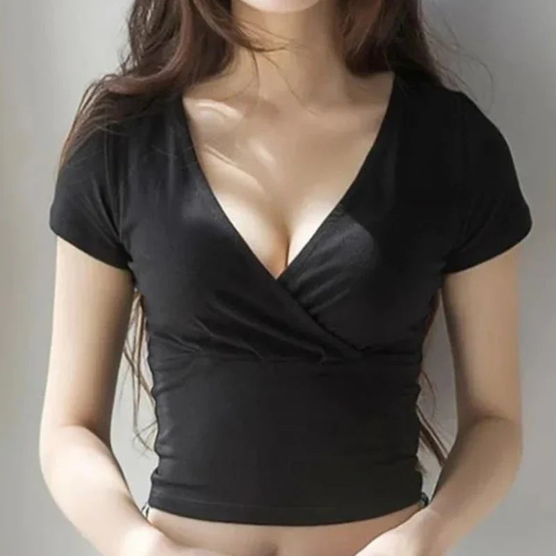 Sexy Deep V Neck Crop Top For Women Casual Short Sleeve Slim Fitted Bodycon Blouse