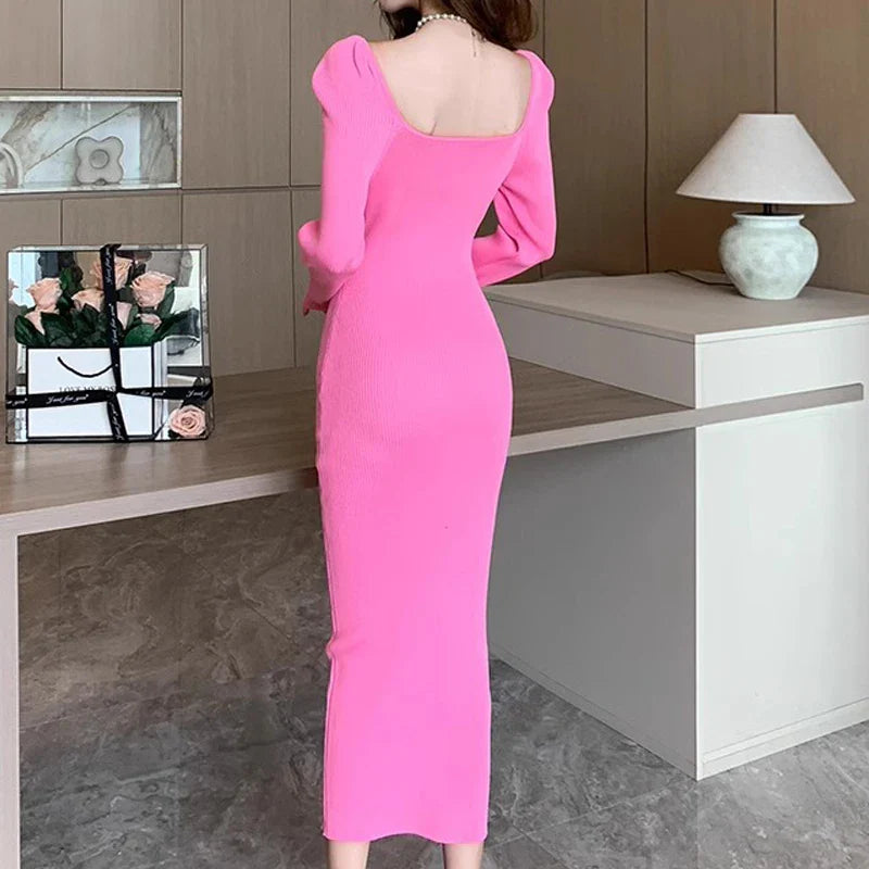 Elegant V Neck Knitted Bodycon Wrap Dress For Women Midi