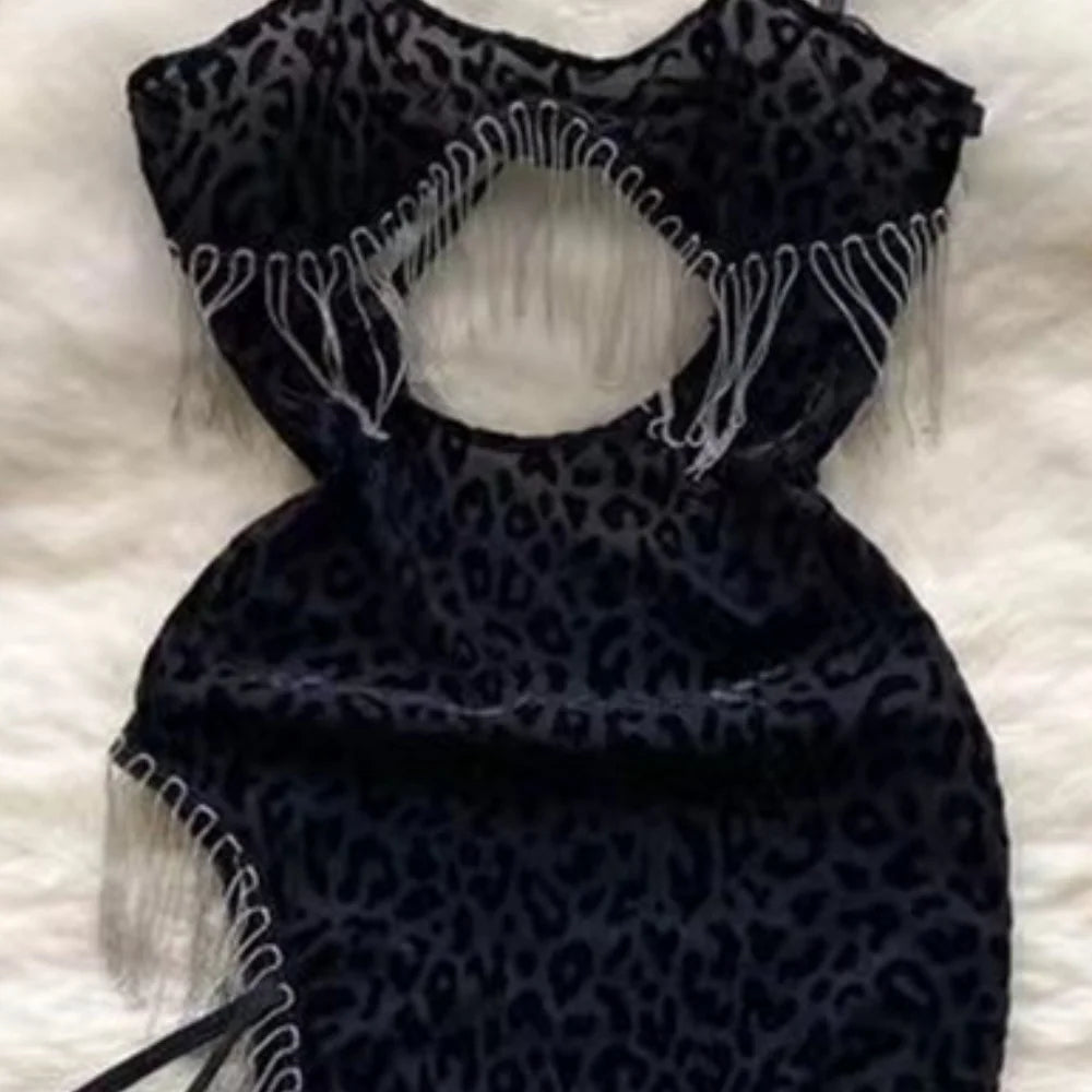 Leopard Print Lingerie Halter Nightwear Side Slit Tassels