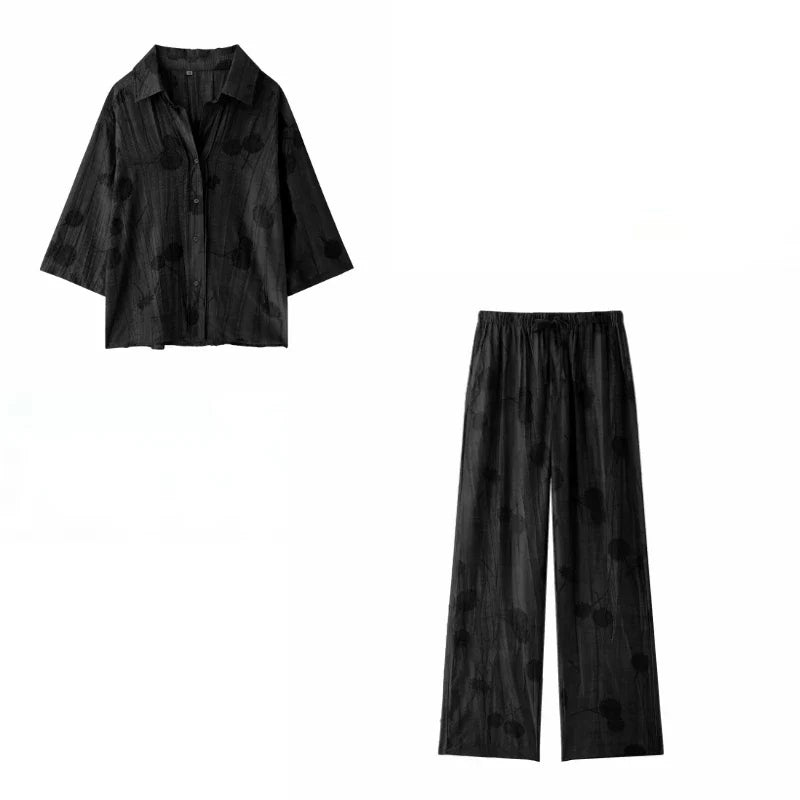 Jacquard Shirt Pants Suit for Women with Lapel Half Sleeve and Pockets, Wide Leg Pant Set for Summer Streetwear