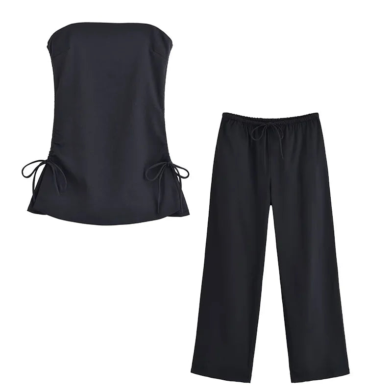 Flowing Two Piece Outfit for Women with Strapless Top and Drawstring Trousers