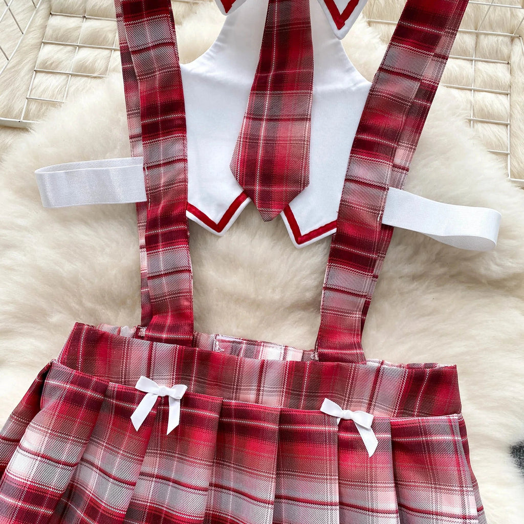 Cute Japanese JK Uniform Checkered Skirt Off Shoulder Dress