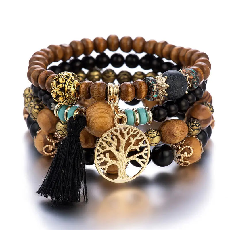 4Pcs Bohemian Tree Of Life Charm Beaded Bracelet Set Handmade Wood Beads Bangle Jewelry for Women