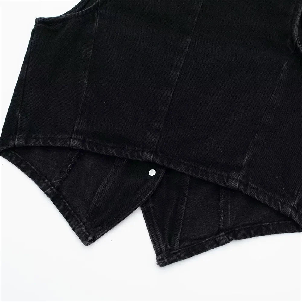 Women's Chic Short Denim Tank Top and Double Breasted Midi Denim Skirt Set Slimming Casual Fashion Ensemble