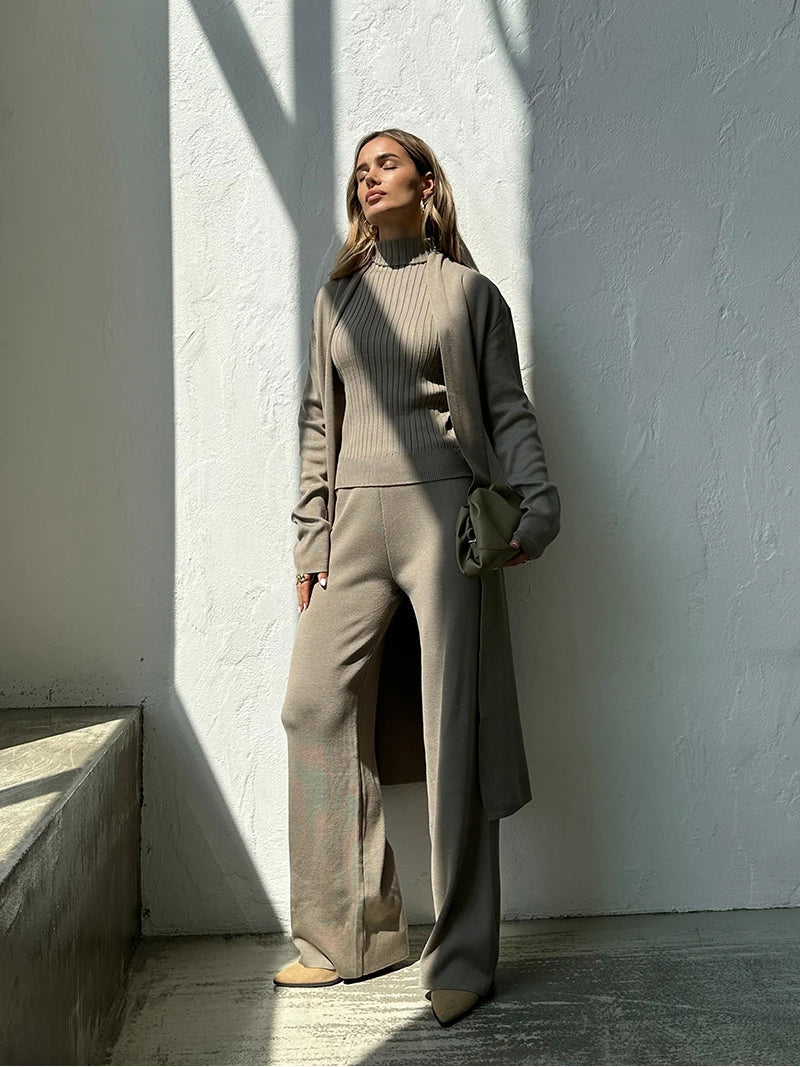 3 Piece Knitted Tracksuit Set for Women Comfy Loungewear with Long Cardigan Coat Turtleneck Vest and Pants