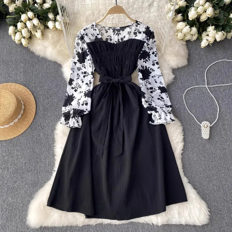 Floral Patchwork Chiffon Dress Belted Long Sleeve Women