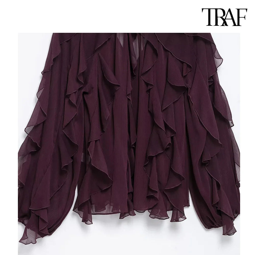 Loose Fit Burgundy Mesh Ruffle Shirt with Flutter Sleeves and Stacked Decorative Design for Women
