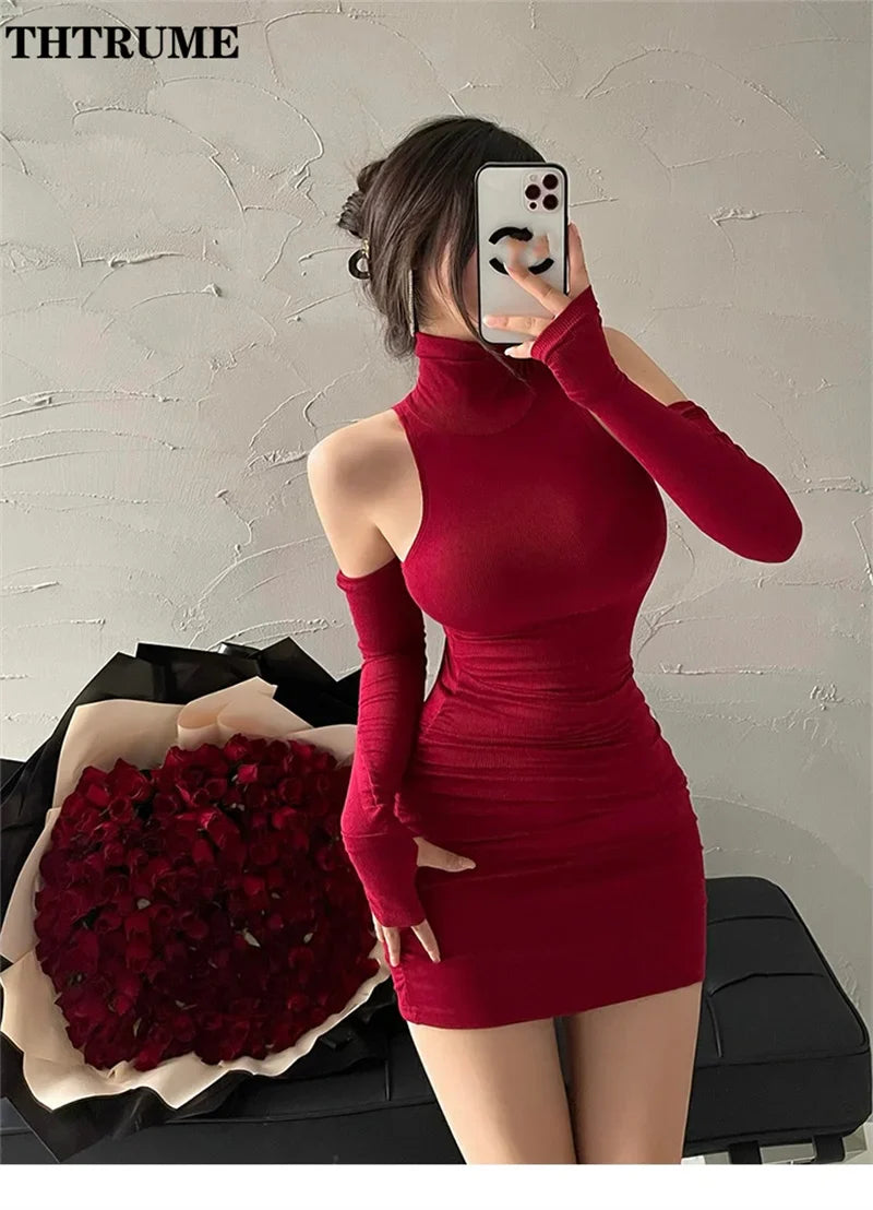 Red Bodycon Mini Dress High Neck Slim Fit Evening Party