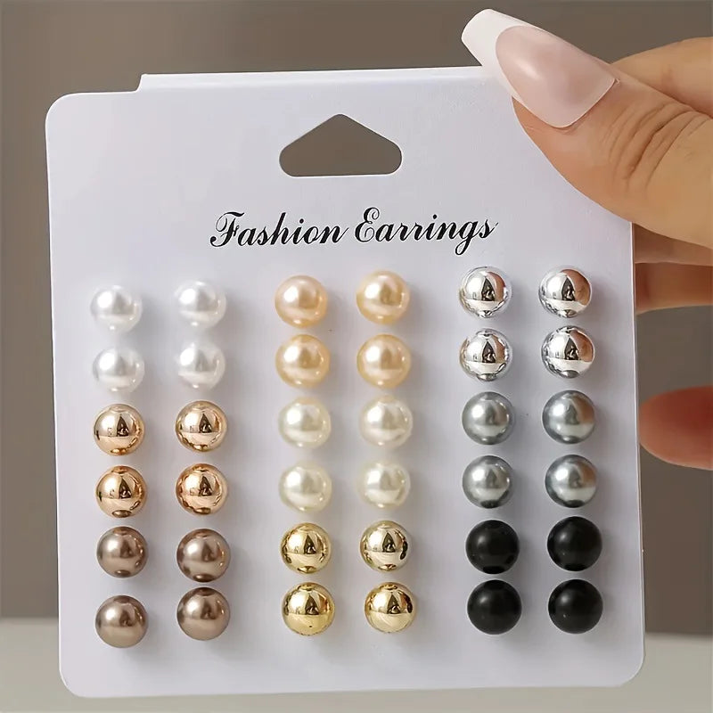 18 Pairs Elegant Multi Color Imitation Pearl Stud Earrings Set for Women Trendy Party and Wedding Jewelry