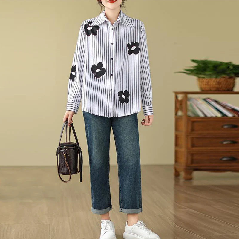 Women's Turn-Down Collar Flower Stripe Long Sleeve Loose Fit Blouse Casual Single Breasted White Vintage-Inspired Shirt Top