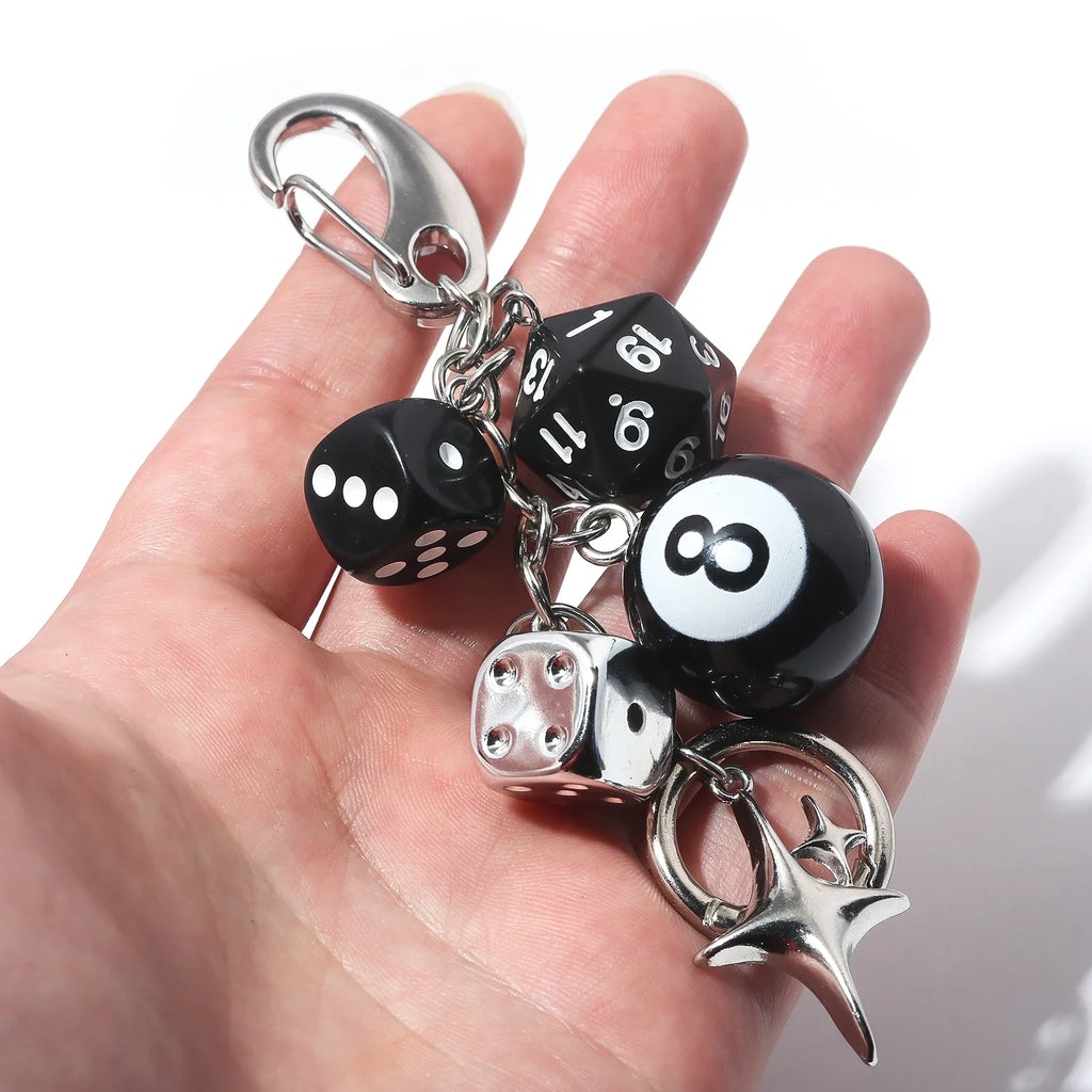 Black Dice Billiards Keychain Hiphop Lucky Dice Pendant Bag Charm Punk Jewelry Accessories