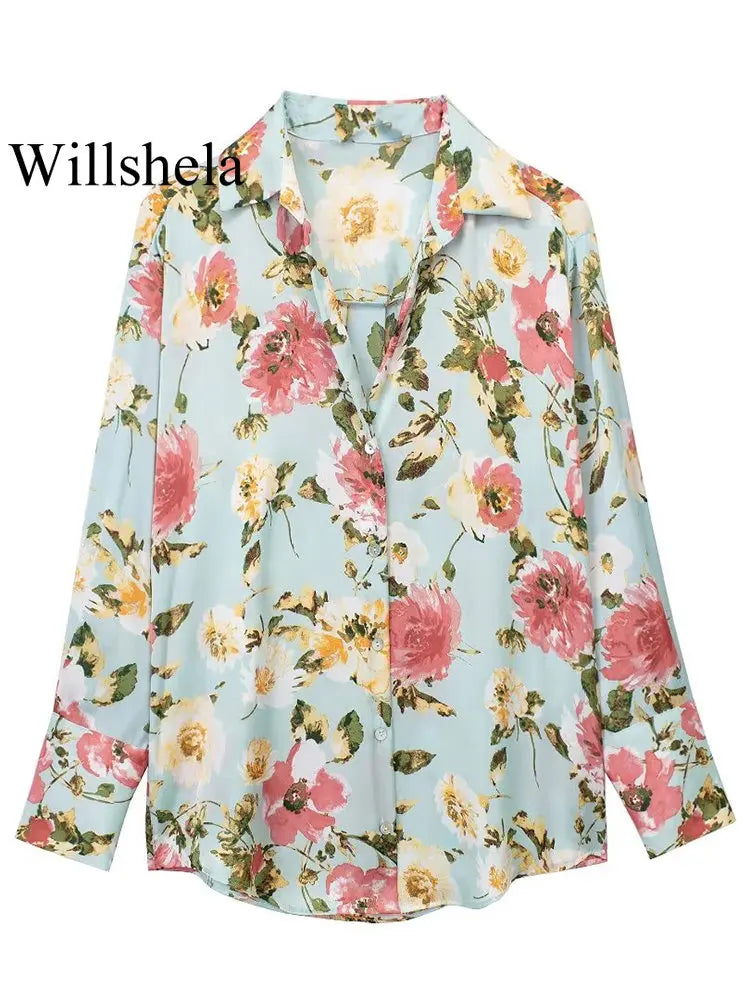 Willshela Women Floral Printed Single Breasted Blouse Vintage Lapel Neck Long Sleeve Chic Shirt
