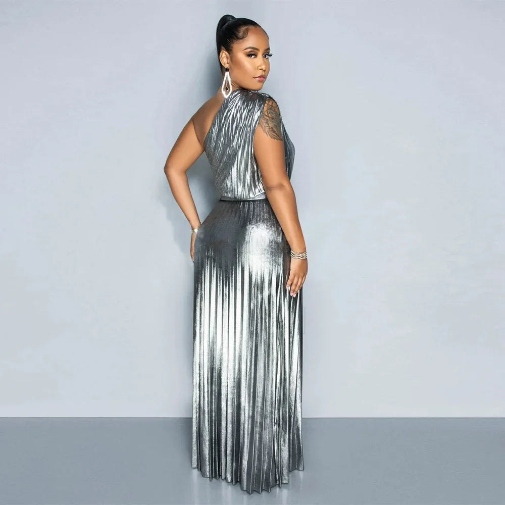 One Shoulder Metallic Pleated Maxi Dress Evening Gown