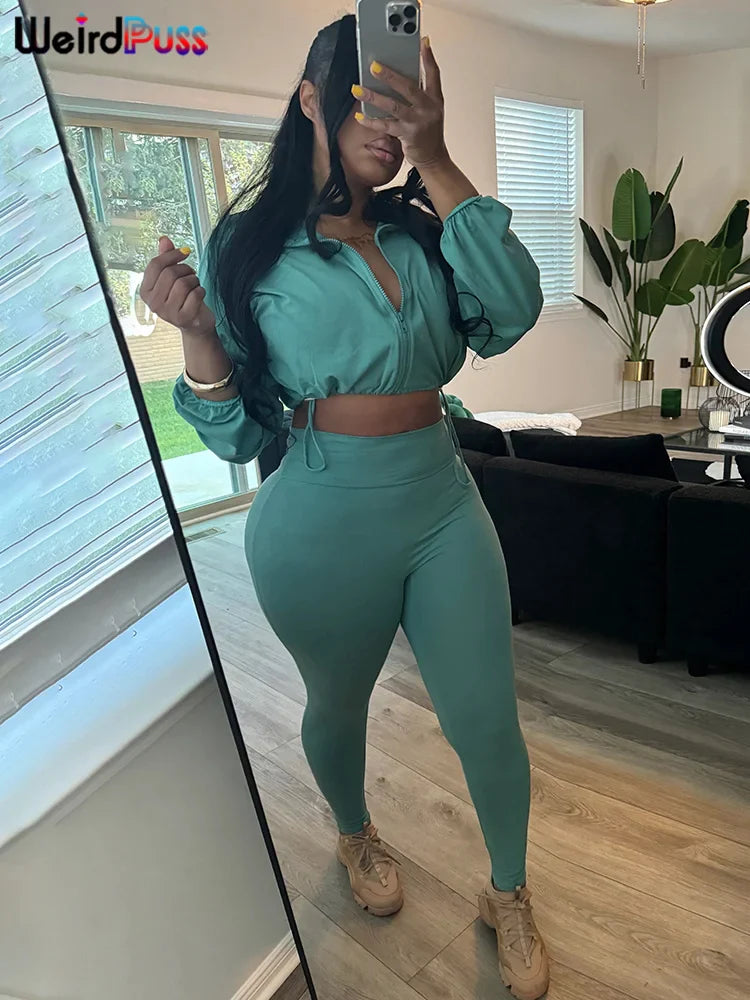 Weird Puss Tracksuit Women 2 Piece Set Casual Zip Thin Drawstring Crop Jacket and Leggings Matching Sporty Suit