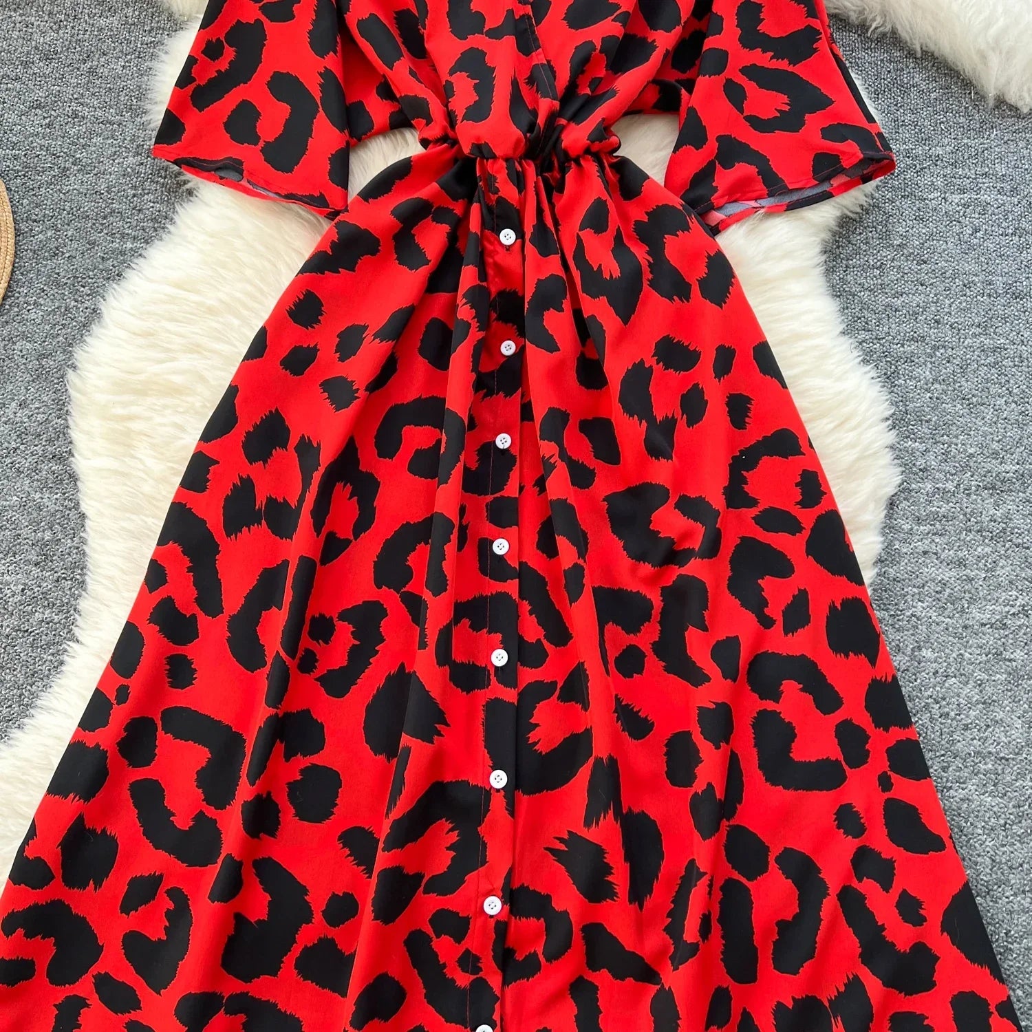 Ruched V Neck Office Dress Long Sleeve For Women Red