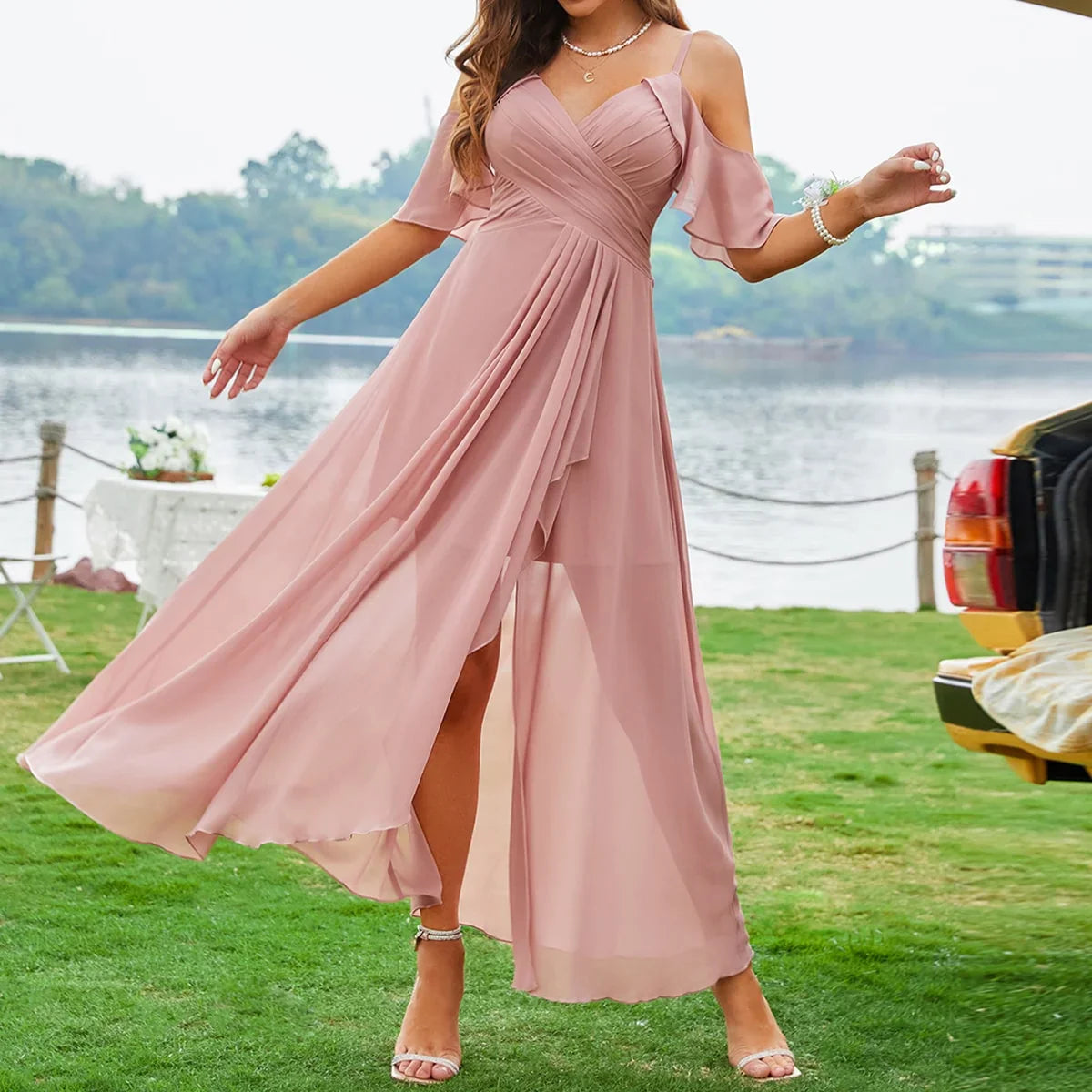 Pink Chiffon Bridesmaid Dress With Cold Shoulder Tulip Hem