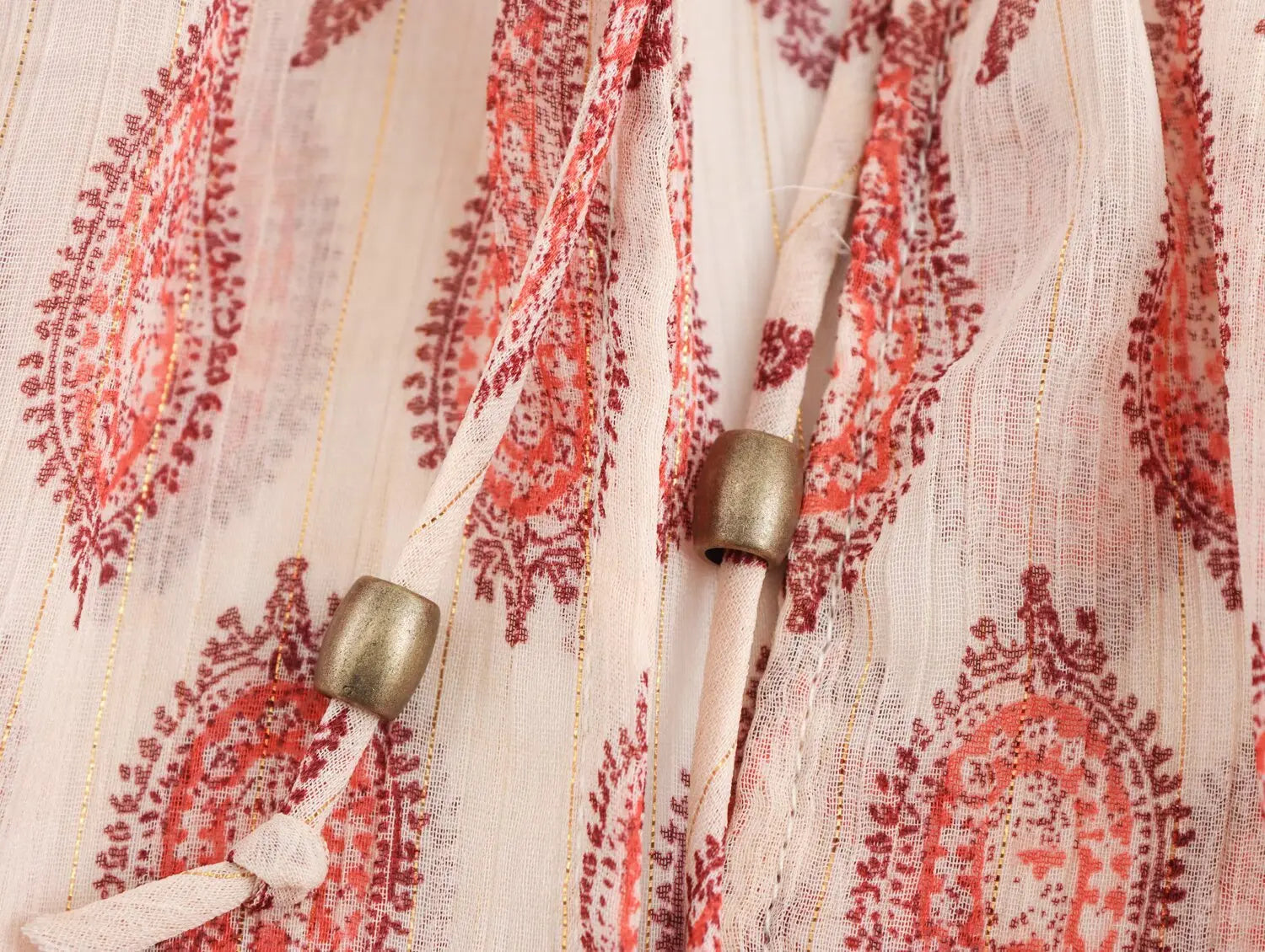 Womens Printed Shirt with Metallic Thread Ruffle Collar Drawstring Long Sleeve Single Breasted Chic Top