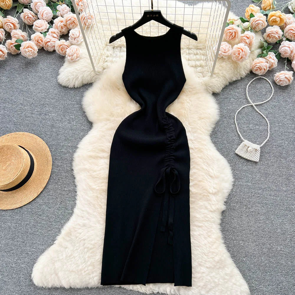 Summer Knitted Bodycon Dress Drawstring Split Black Women