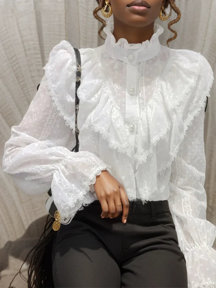 Elegant Women Long Sleeve Loose Button Shirt with Stand Collar Pleated Design Ruffle Lace Blouse Casual Spring Fashion Top