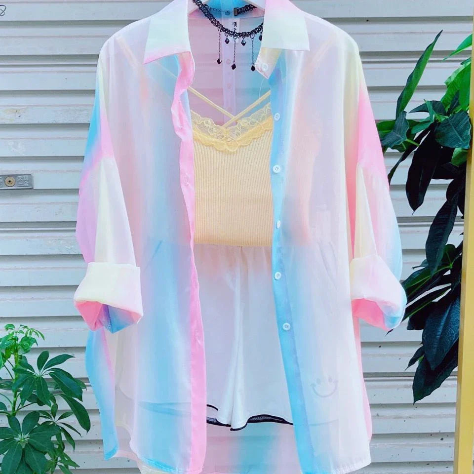 Sheer Long Sleeve Gradient Rainbow Blouse Casual Loose Fit Office Shirt for Women