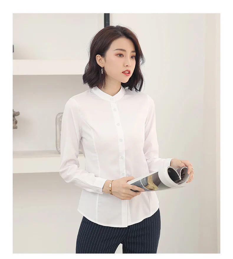 Women's Long Sleeve White Basic Shirt Blouse Stand Neck Tunic Button Up Office Work Top All Season