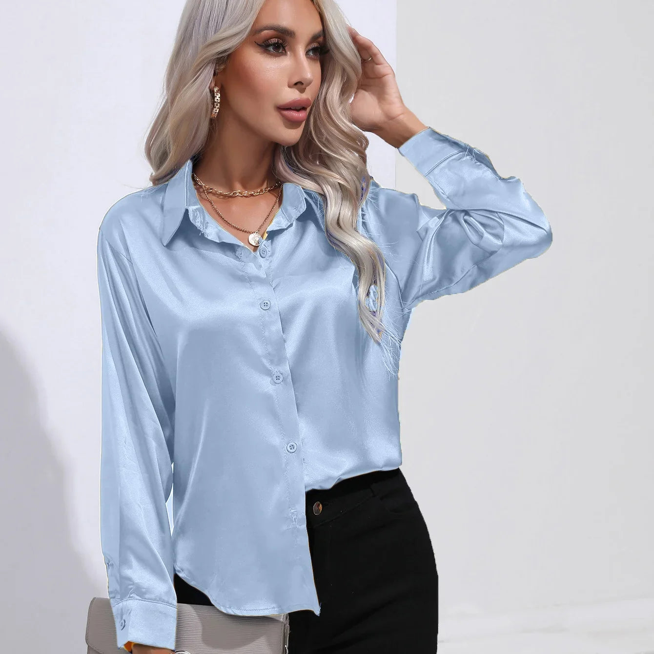 Retro Satin Button-Up Shirt for Women Loose Fit Multi-Color Elegant Office Casual Top Perfect for Autumn and Dance Parties