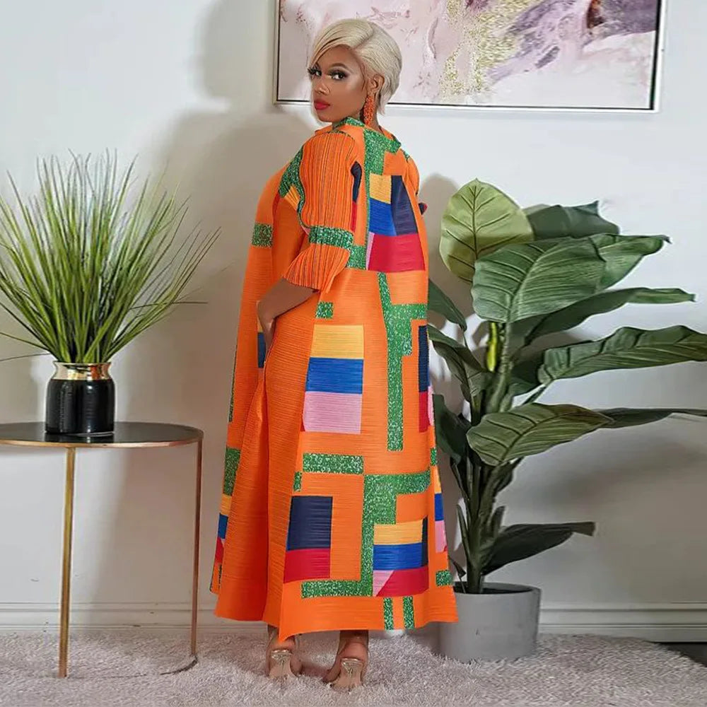 Leaf Print Pleated Boho Maxi Dress for Women Casual Beach