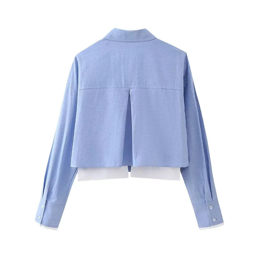 Elegant Patchwork Blouse for Women Long Sleeve Single Breasted Lapel Shirt Chic Short Top