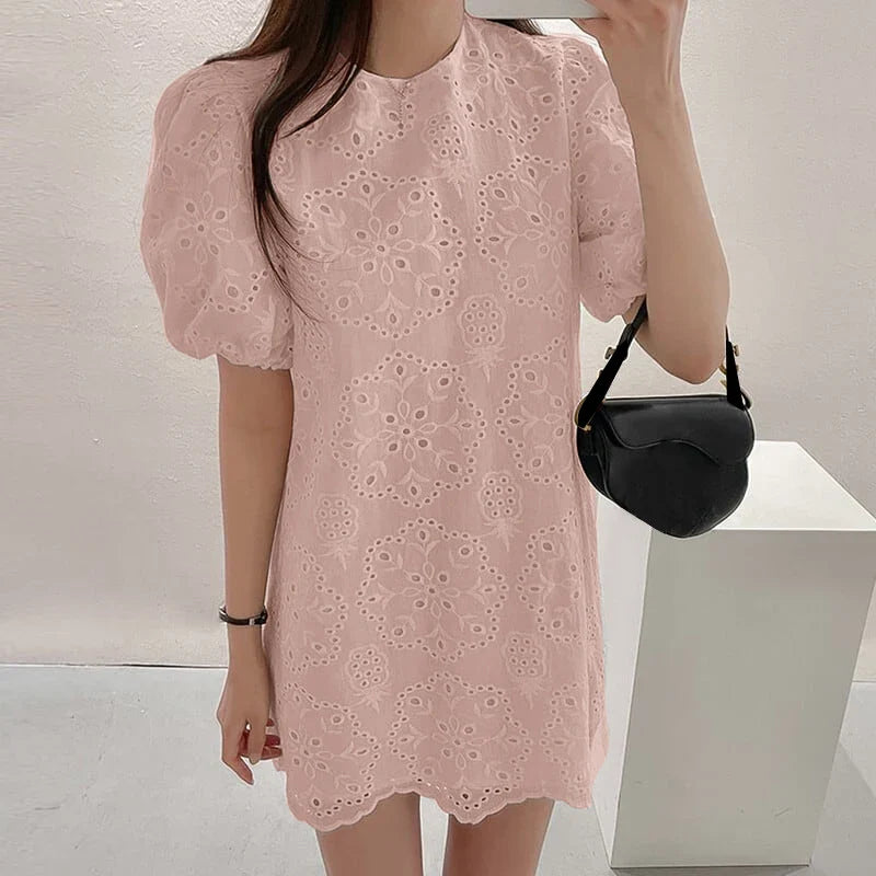 Cotton Sundress With Puff Sleeve Mini For Women Round Neck